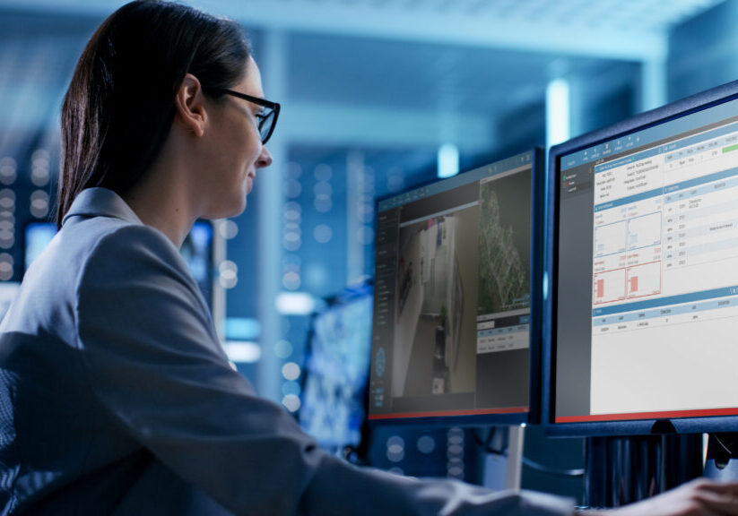 Close-up Shot of Female IT Engineer Working in Monitoring Room. She Works with Multiple Displays.