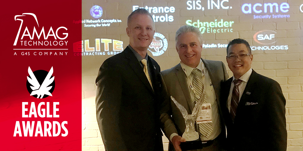 AMAG Technology, Senior Director of Global Sales, Justin Wilmas and President, Kurt Takahashi (right) congratulate OHM Security President/Manager, Maurice Daoust (middle) on his Eagle Award for Eastern Canada.