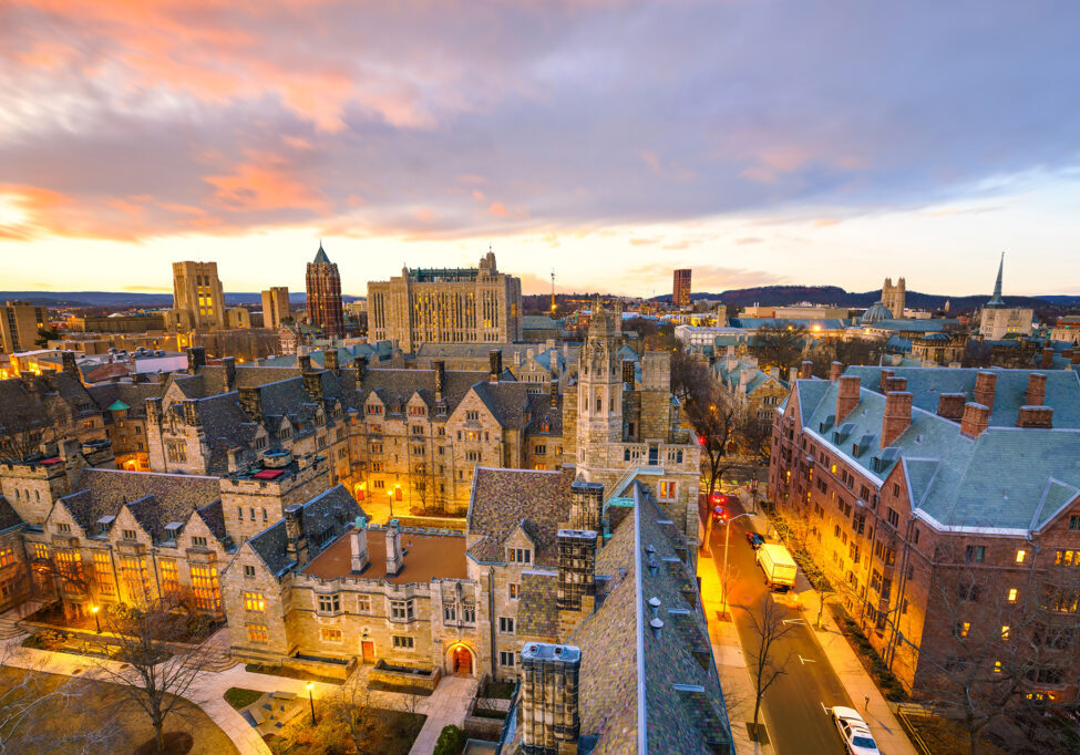 Historical building and Yale university campus in downtown New Haven CT, USA